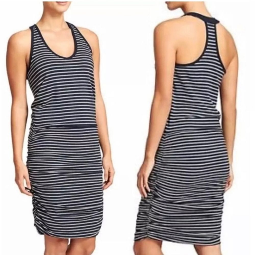 ATHLETA EMBER NAVY BLUE GRAY STRIPE RACERBACK SUPPORT TANK DRESS Sz XS